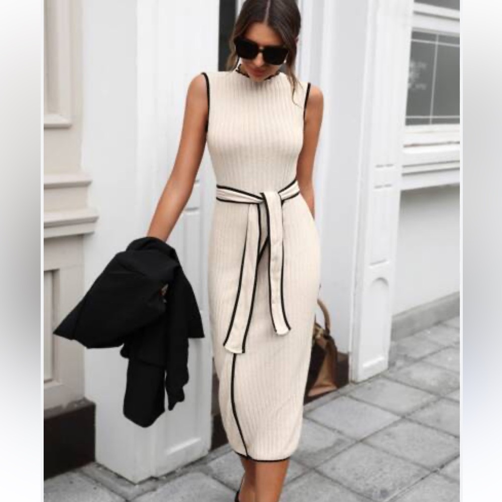 SHEIN Privé Ribbed Knit Contrast Binding Belted Tank Dress Beige Black